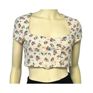 Zara Sz M Cropped Blouse Button Front Square Neck Floral Linen Blend Cottage